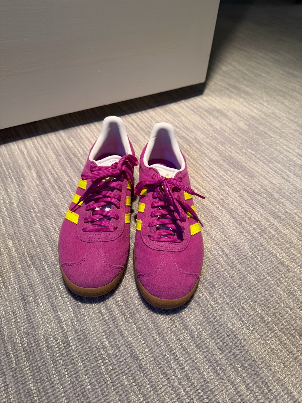 adidas Magenta Suede Sneakers with Yellow Stripes